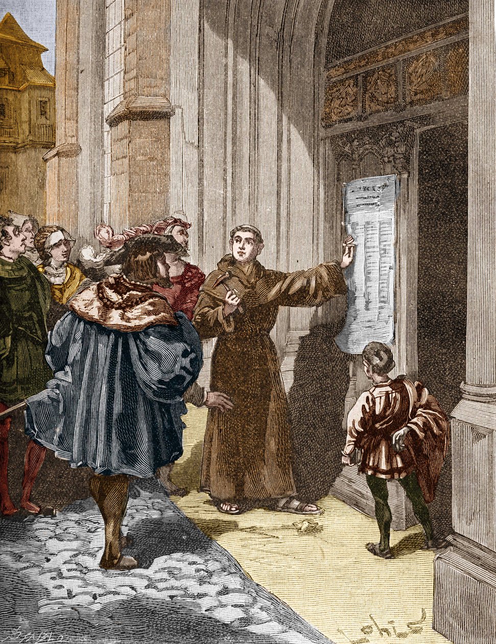 Martin Luther (1483-1546) accrochant ses 95 thèses à Wittenberg. - Unknown artist