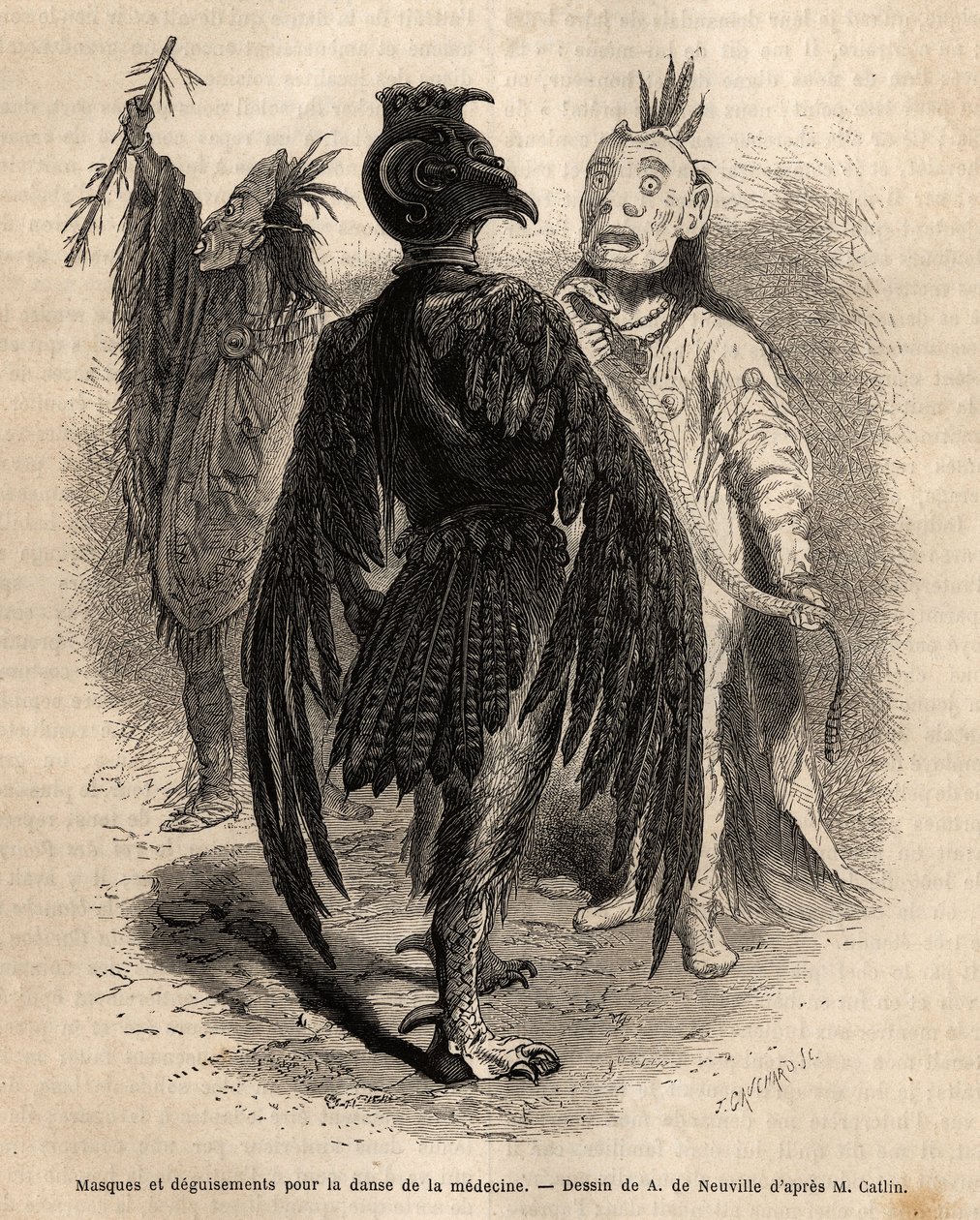 Masques et déguisements pour la danse de la médecine chez les Indiens Naya. Gravure pour illustrer une excursion parmi les tribus indiennes des bassins de la Colombie et du Haut Missouri, par G. Catlin, en 1855, publié dans « le tour du monde », sous la di - Unknown artist