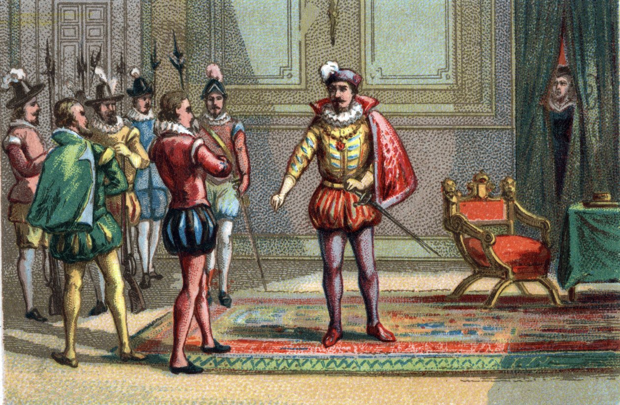 Massacre de la Saint-Barthélemy, le duc de Condé et Henri de Navarre furent amenés à Charles IX, roi de France (1550-1574), qui leur offrit le choix entre la messe et la mort. Catherine de Médicis (Caterina de Medici) (1519-1589) observe la scène. Chromoli - Unknown artist