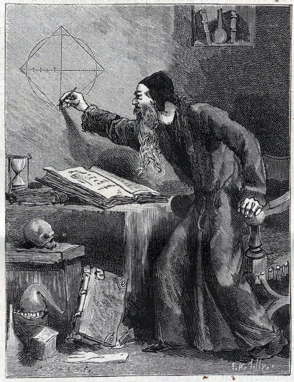 Mathématiques et Géométrie : Chercheur scientifique de la quadrature du cercle au XVIe siècle. Gravure dans « La Nature » 1890. Collection privée. - Unknown artist