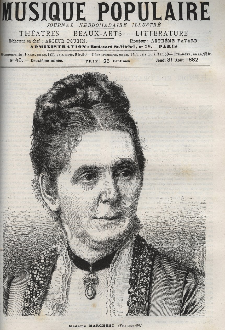 Mathilde Marchesi (1821-1913) mezzo-soprano allemande - gravure dans « La musique populaire » - journal hebdomadaire illustré - 1882 - Unknown artist
