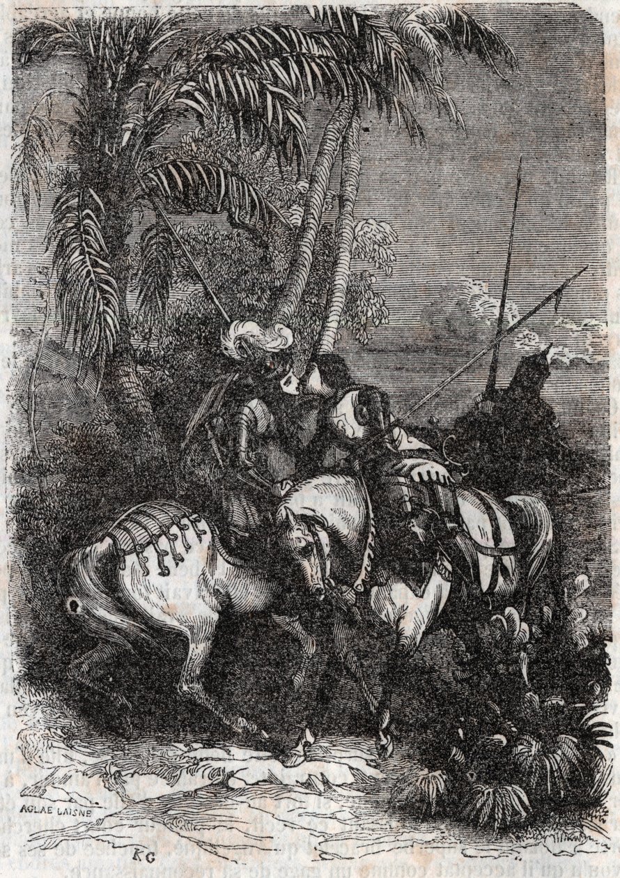Rencontre de Marphise, Astolphe et Sansonnet - gravure de 1851 de « Roland furieux » (Orlando furioso) (16e siècle) par Ludovico Ariosto, traduit de l