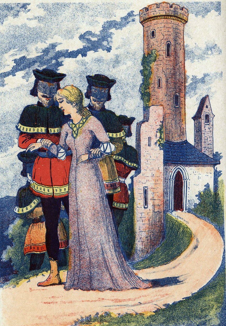 Les hommes masqués entraînent la princesse. Illustration anonyme pour le conte « L