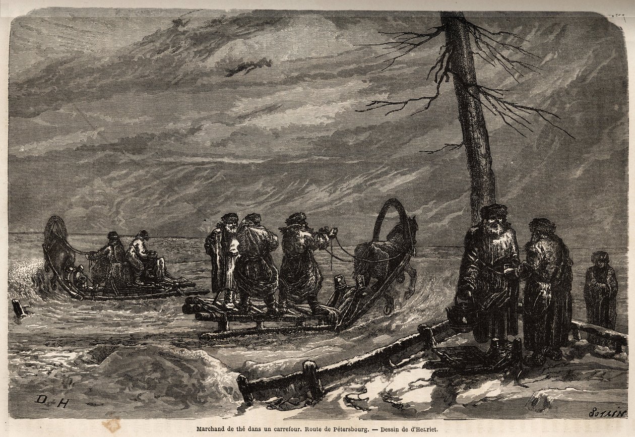 Marchand ambulant, à un carrefour enneigé de la route de Saint-Pétersbourg. Dessin de Henriet, pour illustrer son voyage dans les provinces baltes russes en 1851-54. Gravure dans "Le tour du monde", édité par Edouard Charton - Unknown artist