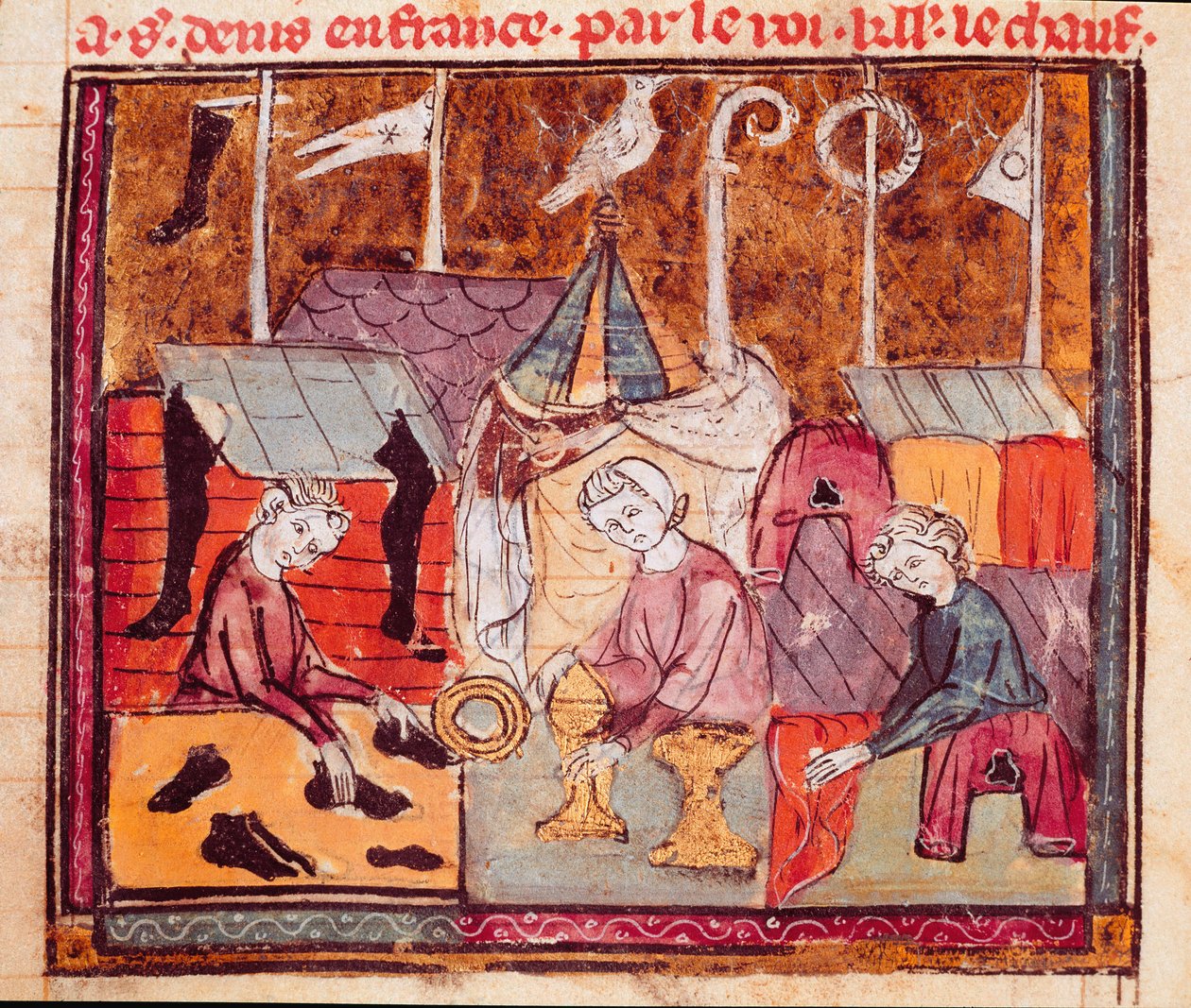 Marchands (cordonnier, orfèvre, marchand de tissus) à la foire de Lendit près de Saint Denis Miniature des Grandes Chroniques de France 1375-1379 Bibliothèque municipale, Castres - Unknown artist