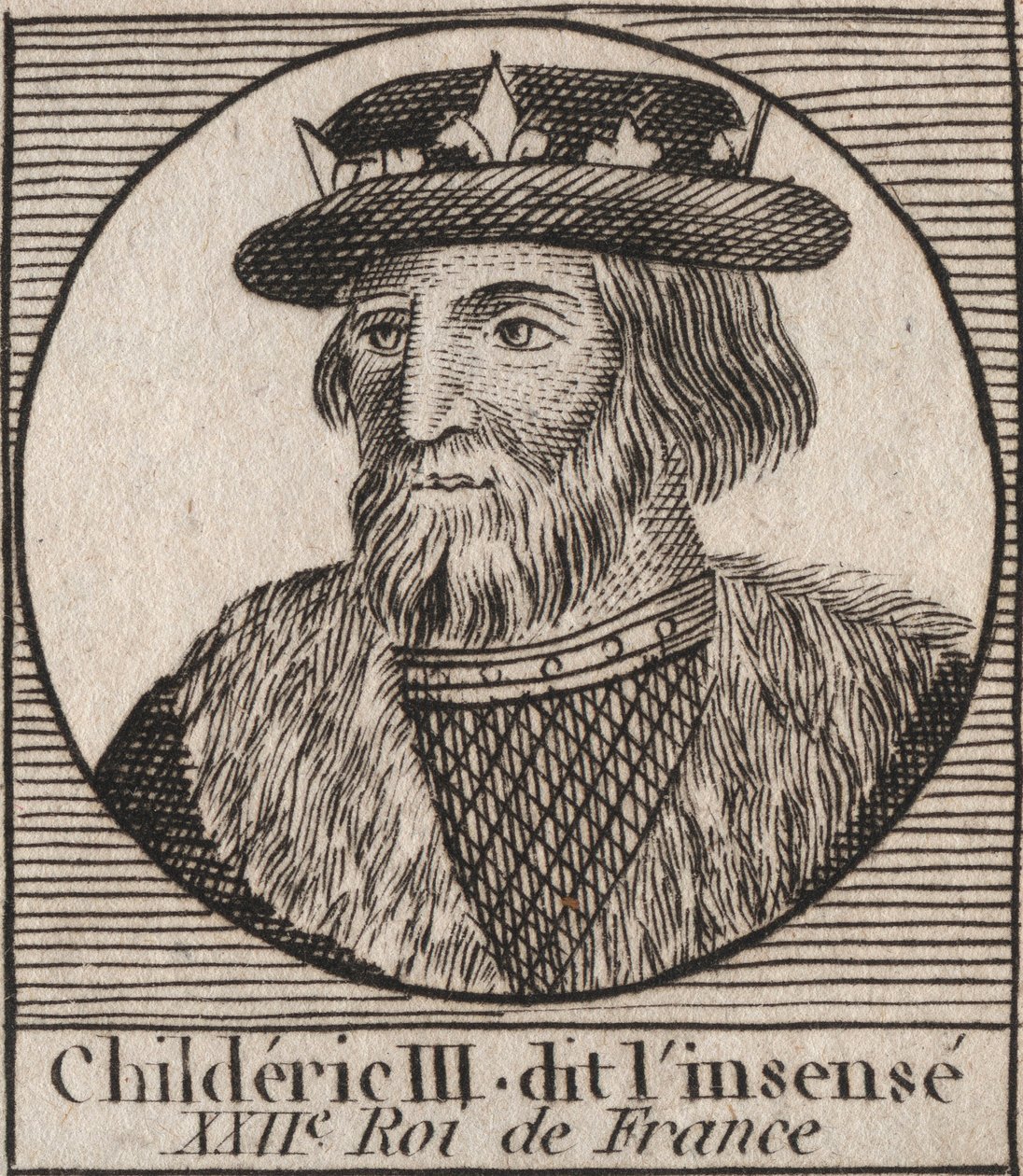 Dynastie mérovingienne : Portrait de Childéric III (714-755) Roi des Francs - Childéric III (d. 754) Roi des Francs, 741-751, et dernier des Mérovingiens - gravure de "Instruction sur l