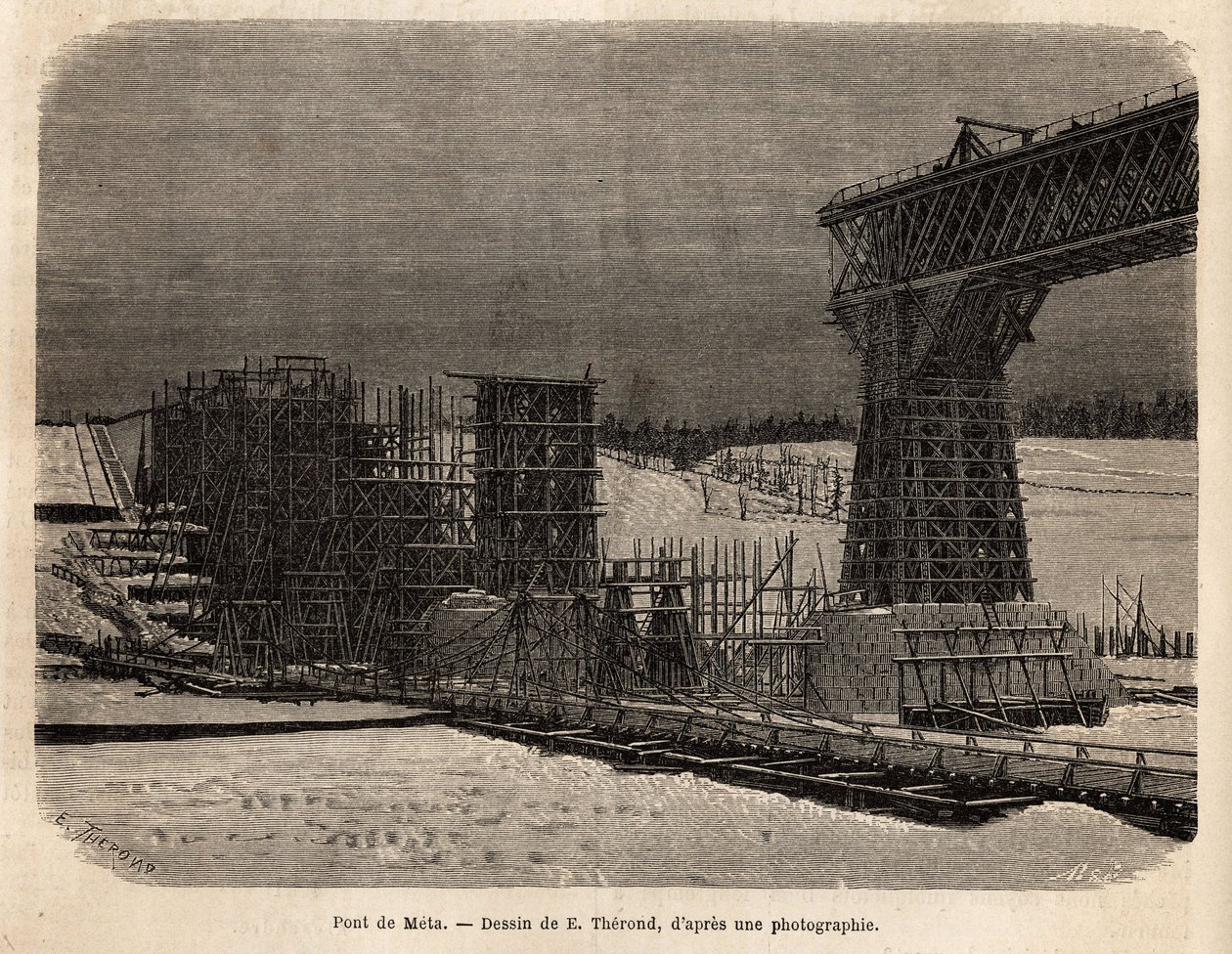 Pont de Meta (Ukraine), en construction. Gravure pour illustrer La Russie libre, par William Hepworth Dixon, en 1869, publié dans « Le tour du monde » 1872, édité par Édouard Charton, édition Hachette, Paris. Collection Selva - Unknown artist