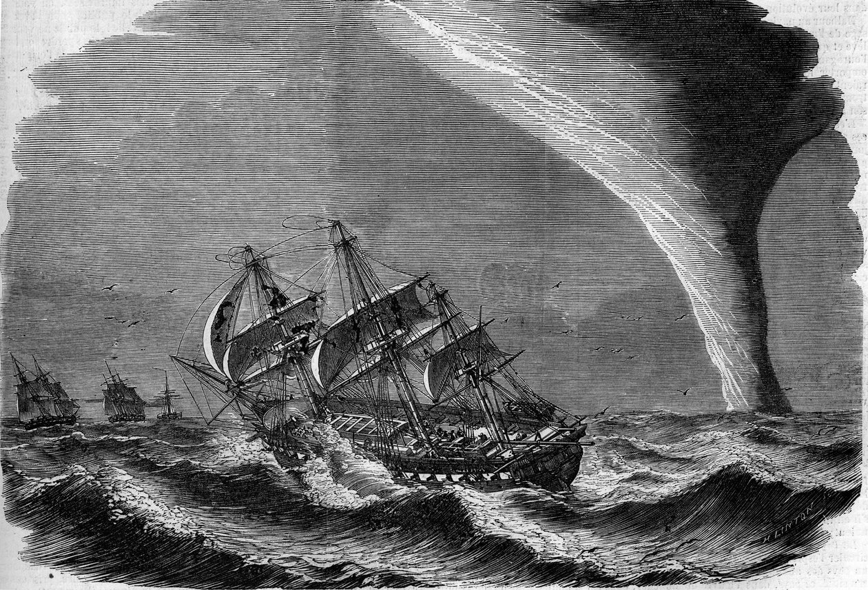 Phénomène météorologique : une trombe marine. Gravure de Linton dans «The Illustrous World» n°49 du 20 mars 1858 - Unknown artist