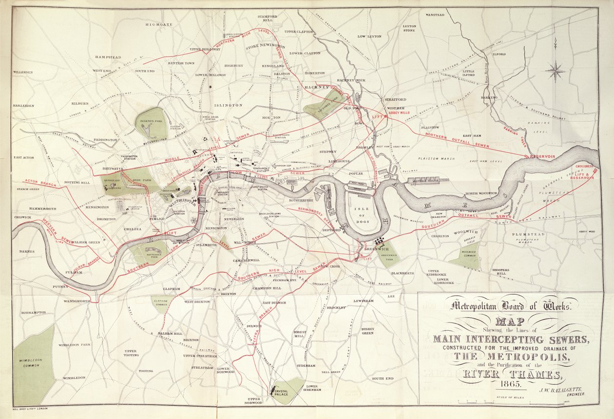 Carte du Metropolitan Board of Works du plan de Bazalgette pour les lignes des égouts principaux intercepteurs, construits pour l