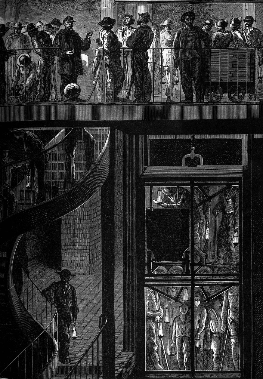 Mineurs descendant dans la cage. Gravure dans « Le Journal de la Jeunesse » - Unknown artist