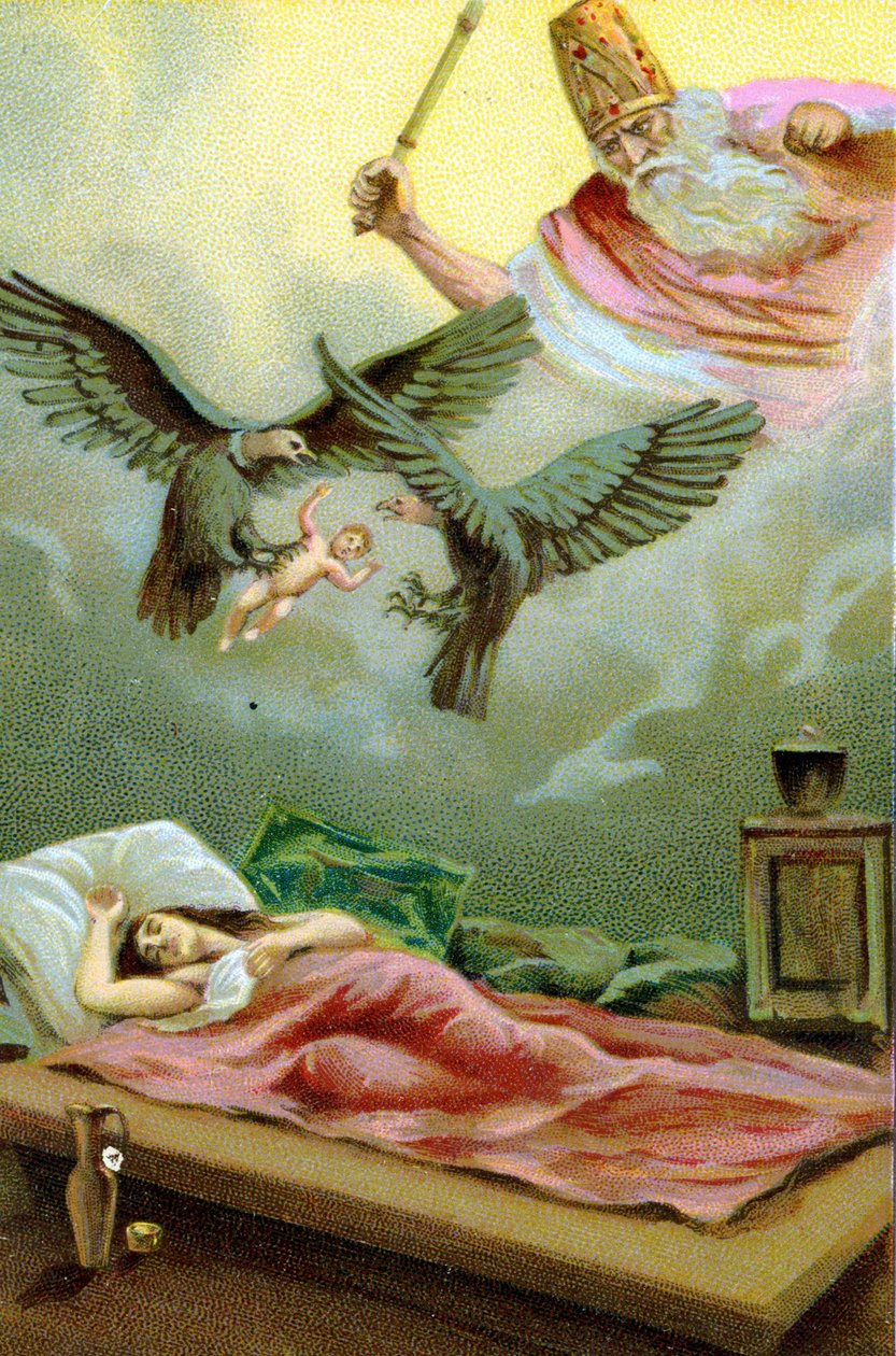 Naissance miraculeuse de Zarathoustra, prophète et réformateur religieux iranien (6ème siècle av. J.-C.). Chromolithographie du 19ème siècle - Unknown artist
