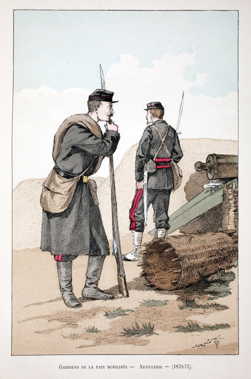 Gardiens de la paix mobilisés (1870-1871). Eau-forte en couleurs, pour illustration « Histoire du corps des gardiens de la paix » livre publié sous les auspices de Louis Lépine (1846-1933) préfet de police de la Seine, par Alfred Rey (1864-?) et Louis Féro - Unknown artist
