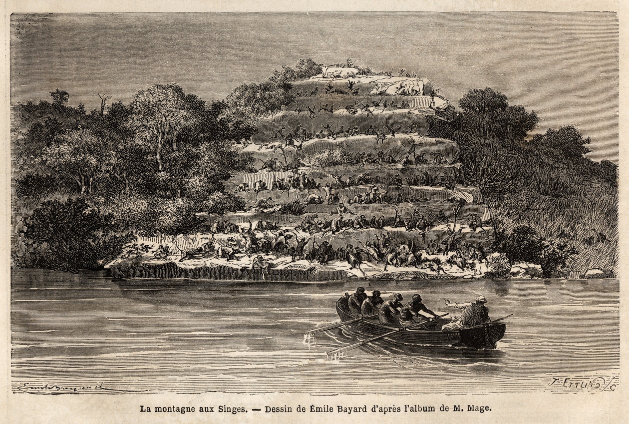 Montagne des Singes, le long du fleuve Sénégal, peu après les chutes de Gouina (Mali). Gravure pour illustrer le voyage du lieutenant Mage au Soudan occidental entre 1863 et 1866, publié dans « Le tour du monde, nouveau journal des voyages » sous la direct - Unknown artist