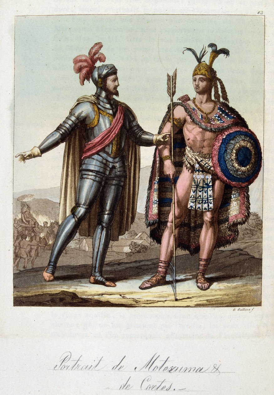 Montezuma II, roi aztèque, et Hernan (ou Hernando) Cortes ou Fernand Cortez (1485-1547), conquistador espagnol - dans « Le Costume ancien et moderne » par Ferrario, éd. Milan - Unknown artist