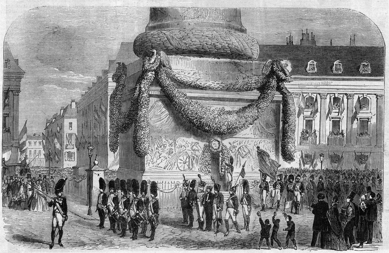 Matin de la fête nationale du 15 août 1864 au pied de la colonne de la Place Vendôme à Paris. Gravure dans « L