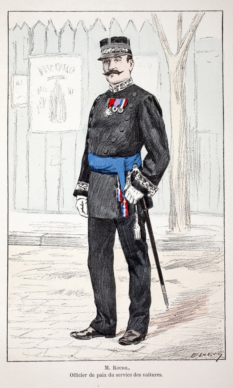 M. Roudil, officier de paix du service des voitures. Eau-forte en couleurs, pour illustration Histoire du corps des gardiens de la paix, livre publié sous les auspices de Louis Lépine (1846-1933) préfet de police de la Seine, par Alfred Rey (1864-?) et Lou - Unknown artist