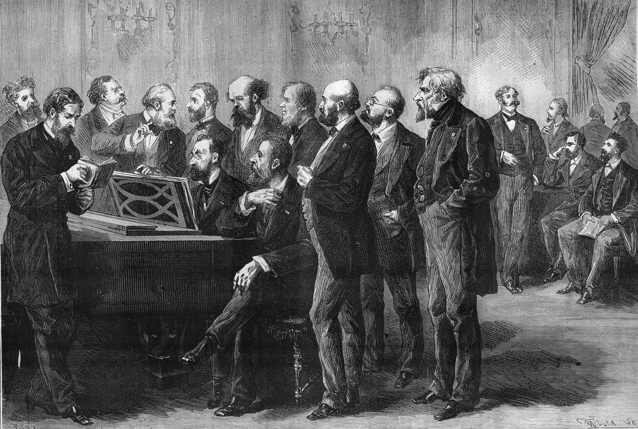 Concours musical de la ville de Paris en 1878. Le jury au Palais du Luxembourg examinant les partitions de « Paradis perdu » et « Mug ». De gauche à droite : Colonne, Perrin, Cherouvrier, Gounod, Boulanger, Camille Saint-Saëns, Lenepveu, Vaucorbe - Unknown artist