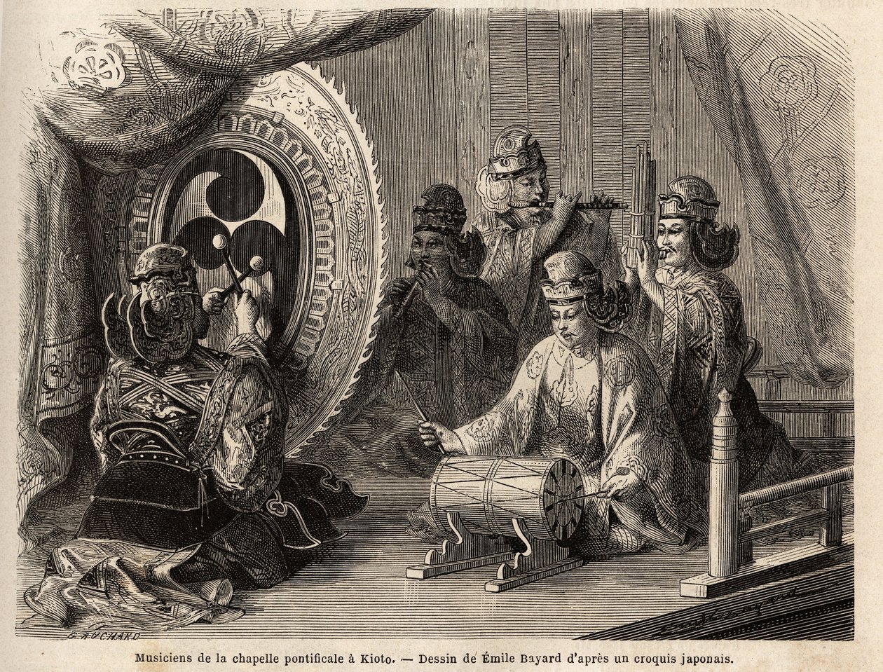 Musiciens de la chapelle pontificale à Kyoto (ou Kioto), jouant cinq instruments sacrés, flûte traversière et flûte de pan, conque marine, timbales et kakdaiko, le gong original. Gravure pour illustrer le voyage au Japon en 1863-1864, par Aimé Humbert, m - Unknown artist