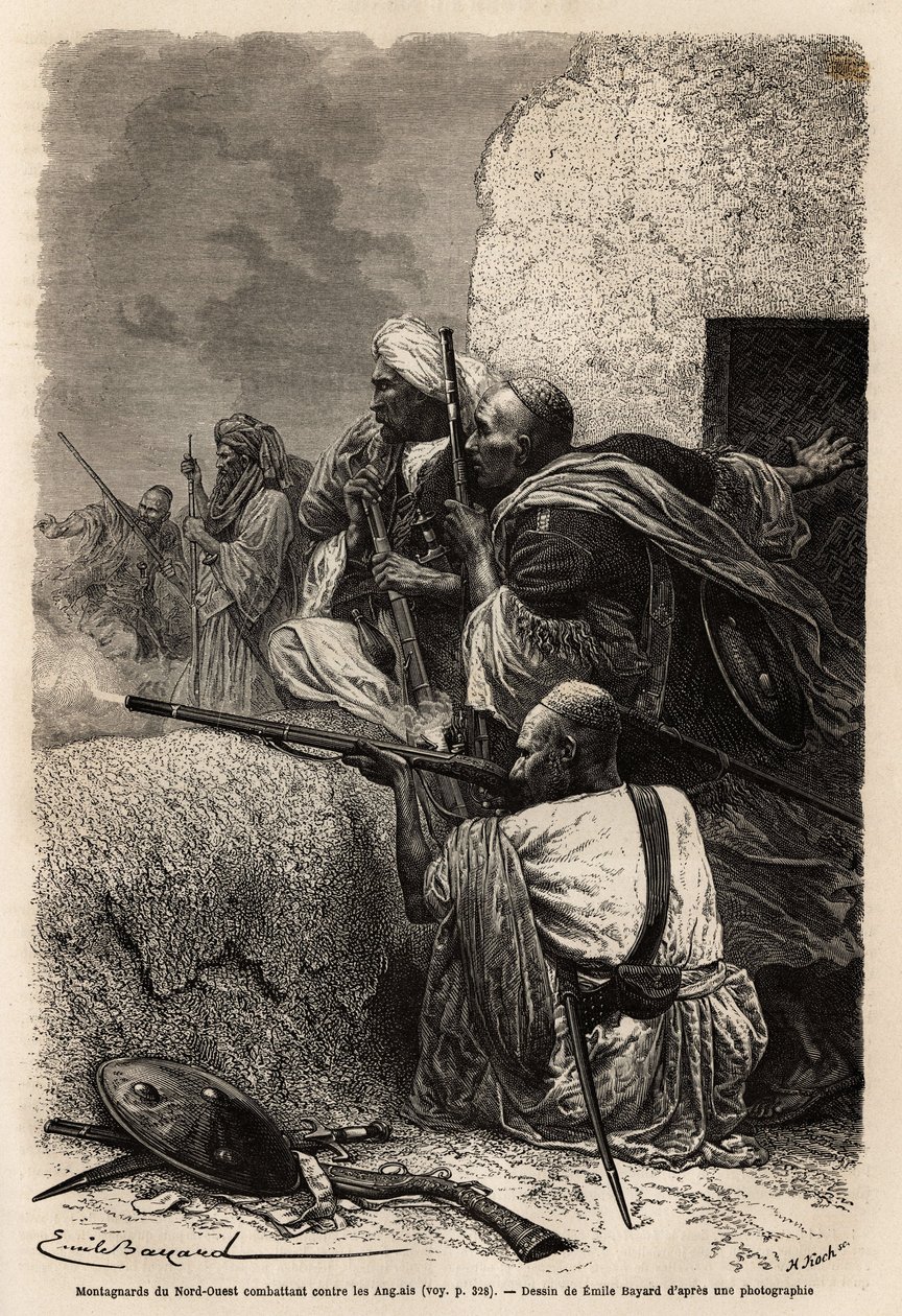Montagnards musulmans réinstallés dans les montagnes de Svat, combattant une expédition anglaise en 1863 pour arrêter le pillage des villages de la région. Gravure pour illustrer l