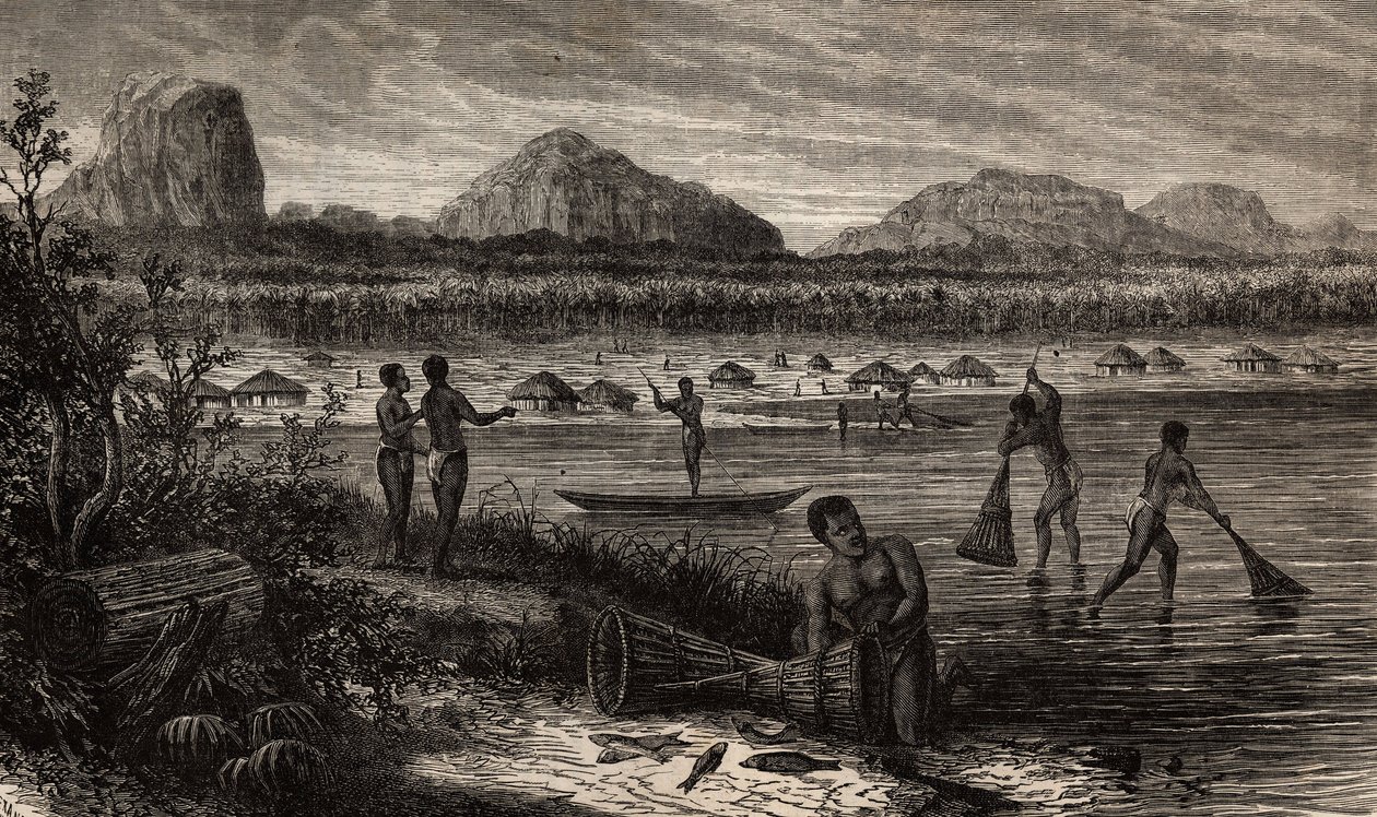 Près des cataractes du Rovuma (Mozambique), les activités de pêche. Gravure pour illustrer les premiers voyages du Dr Livingstone en Afrique australe de 1840 à 1856, dans « Le tour du monde, nouveau journal des voyages » publié sous la direction d