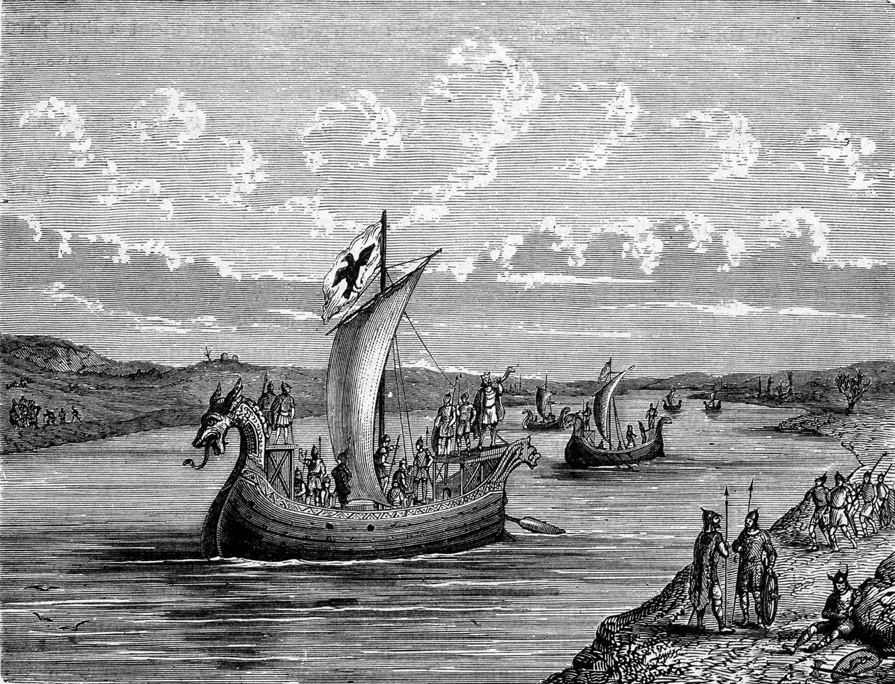Navires normands sur une rivière (gravure) - Unknown artist