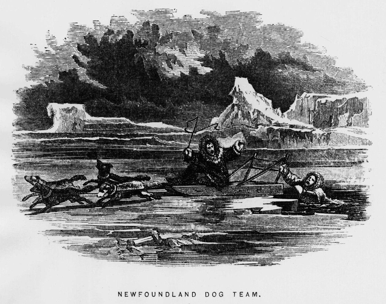 Pôle Nord : chien de traîneau survolant un homme tombant à travers la glace - Elisha Kent Kane, Explorations arctiques dans les années 1853-1855, Philadelphie, Childs et Peterson - Unknown artist
