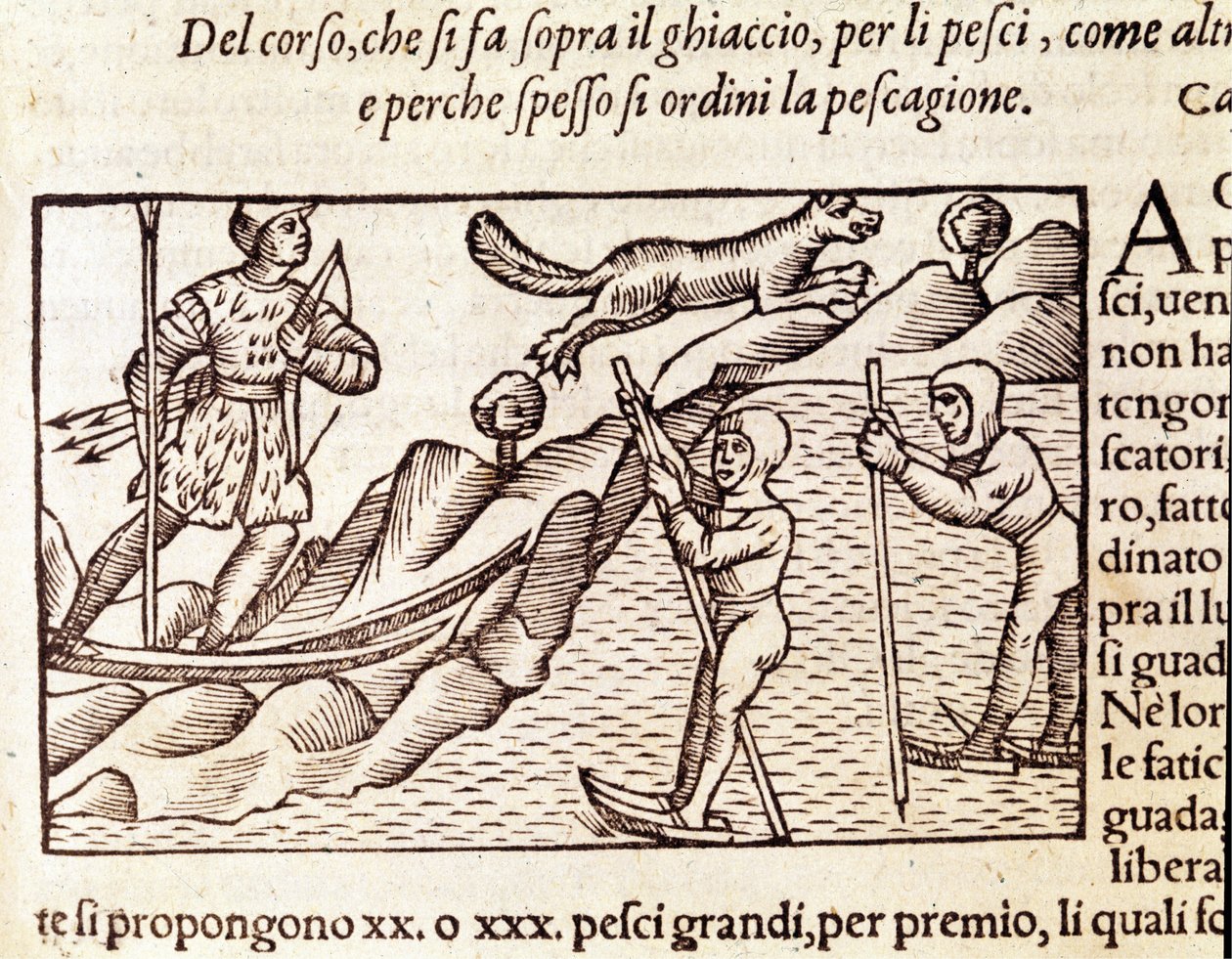 Chasseurs norvégiens se déplaçant à skis. Gravure d