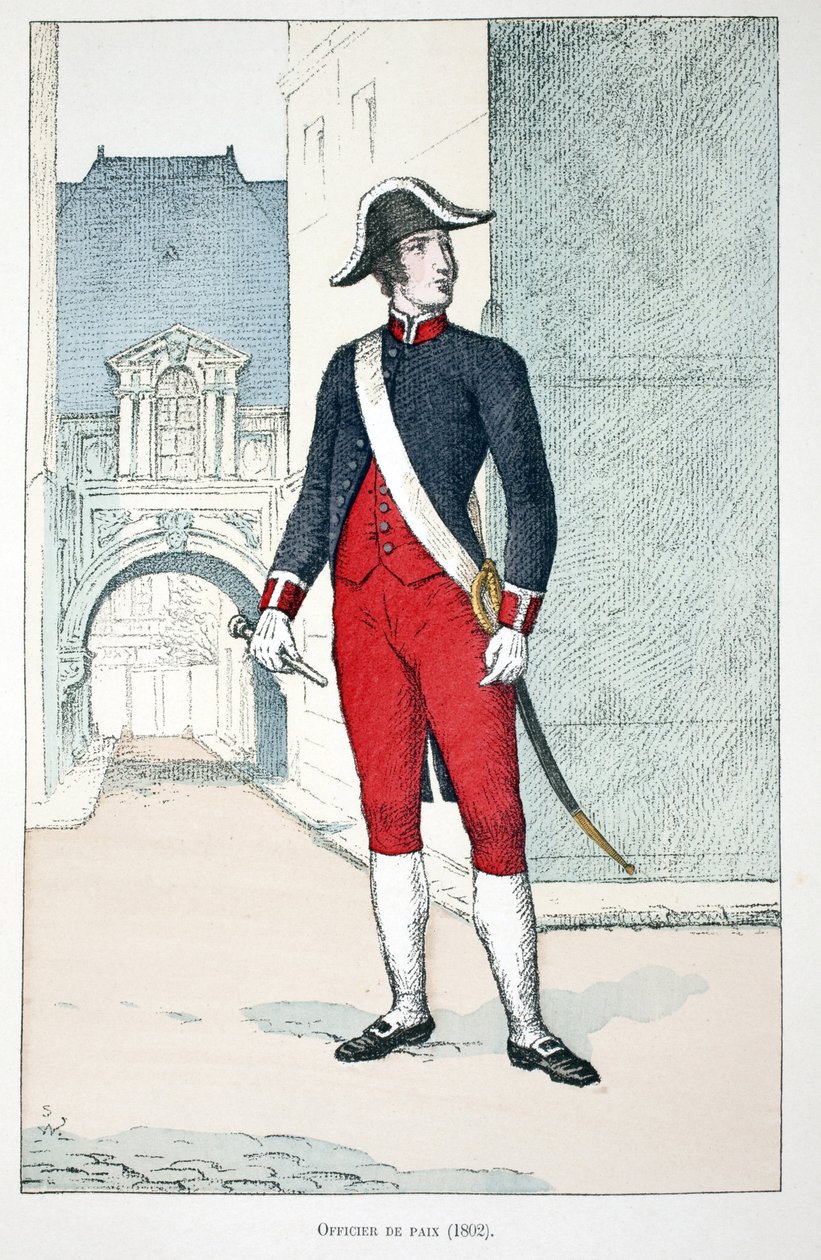Officier de paix (1802). Eau-forte en couleurs, pour illustration "Histoire du corps des gardiens de la paix" livre publié sous les auspices de Louis Lépine (1846-1933) préfet de police de la Seine, par Alfred Rey (1864-?) et Louis Féron (1862-?). - Unknown artist