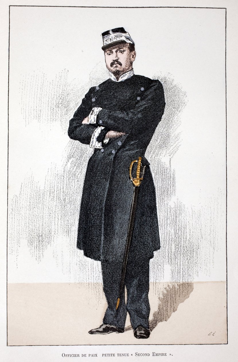 Officier de paix, petite tenue du Second Empire (1852-1870). Eau-forte en couleurs, pour illustration Histoire du corps des gardiens de la paix, livre publié sous les auspices de Louis Lépine (1846-1933) préfet de police de la Seine, par Alfred Rey (1864-? - Unknown artist