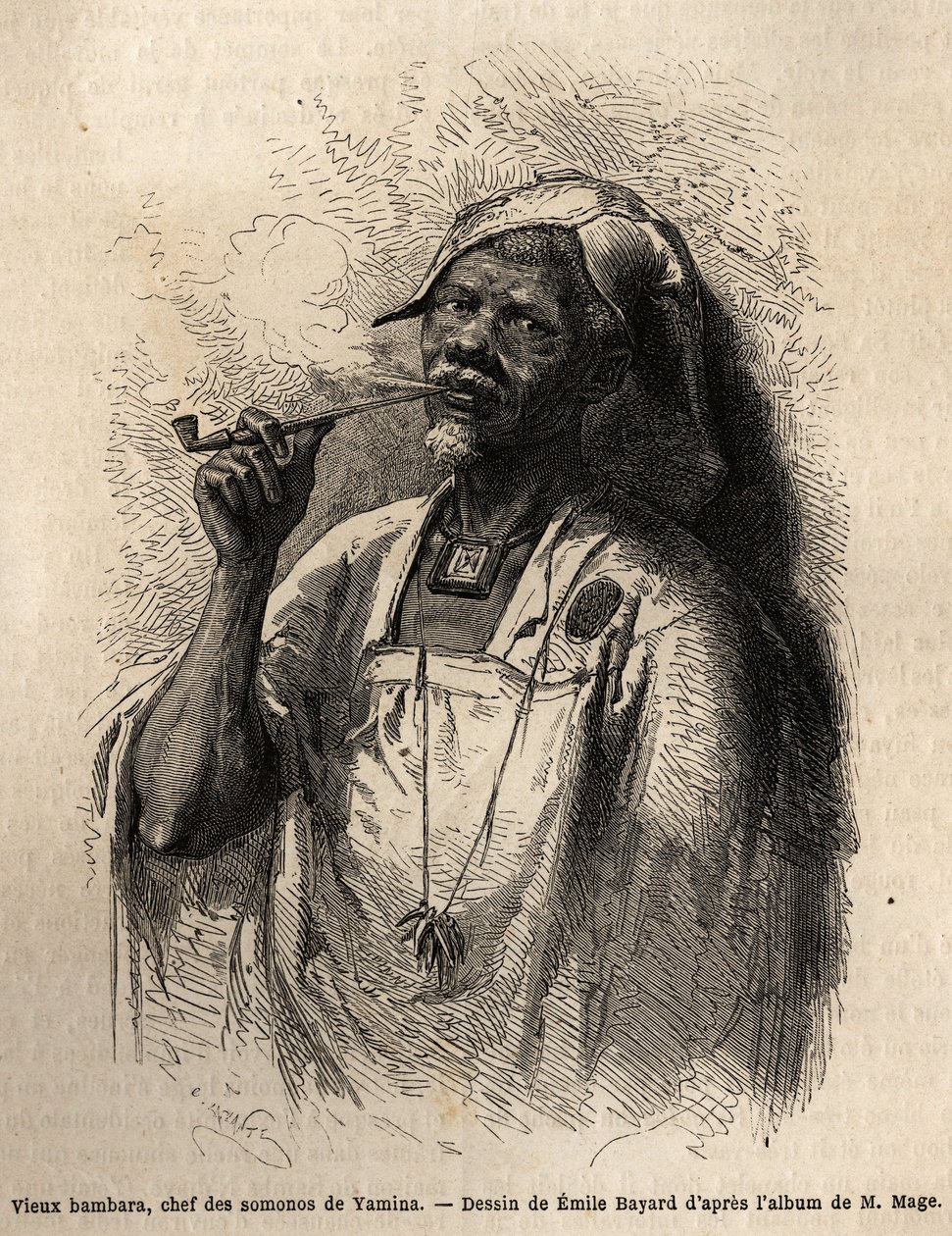 Vieux Bambara, chef de tribu à Yamina (Niger) fumant la pipe et portant la coiffe traditionnelle de son tribu. Gravure pour illustrer le voyage au Soudan occidental du Lieutenant (Marine) M. Mage, en 1863-1866, publié dans « Le tour du monde, nouveau journ - Unknown artist