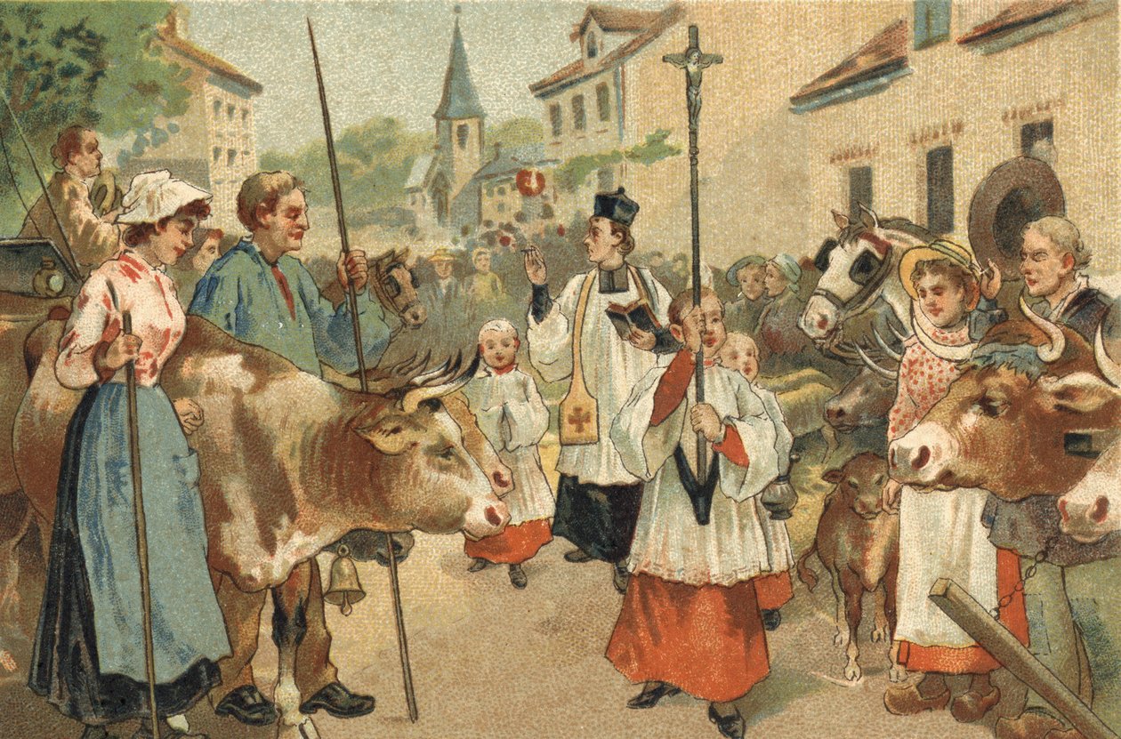 Ancienne coutume célébrée dans la région du Nivernais : la bénédiction des troupeaux. Chromolithographie de la fin du XIXe siècle - Unknown artist