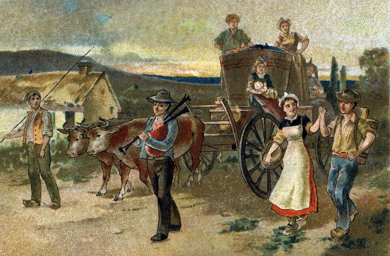 Ancienne coutume célébrée dans la région de Bourgogne : Fête des vendanges. La dernière vendange. Chromolithographie de la fin du 19ème siècle. - Unknown artist