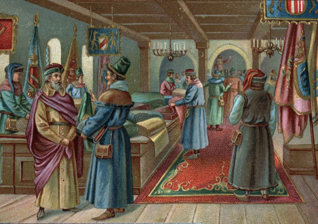 Anciens centres commerciaux : halles aux draps à Bruges, Belgique au XVe siècle. Chromolithographie de la fin du XIXe siècle - Unknown artist