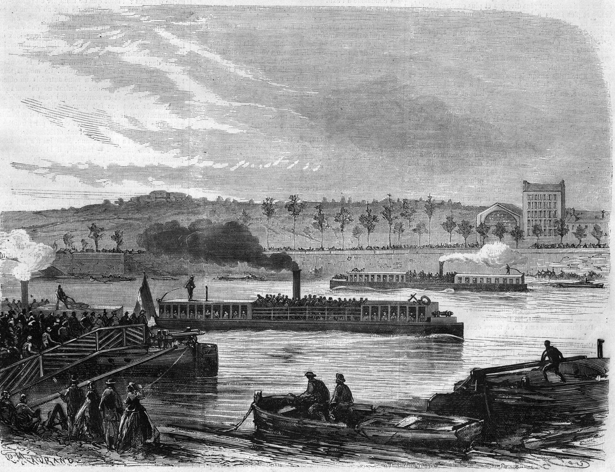 Bateaux à vapeur omnibus de Paris, France. Gravure dans "L