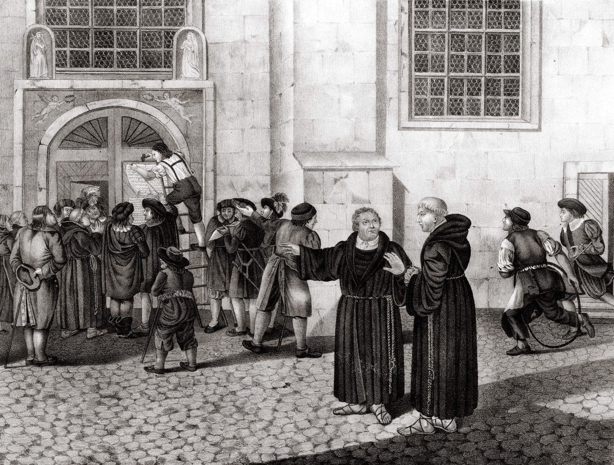 Le 31/10/1517, Luther affiche sur les portes du château de Wittenberg ses 95 thèses dénonçant la vente des indulgences et marquant le début de la Réforme - grav. - Unknown artist
