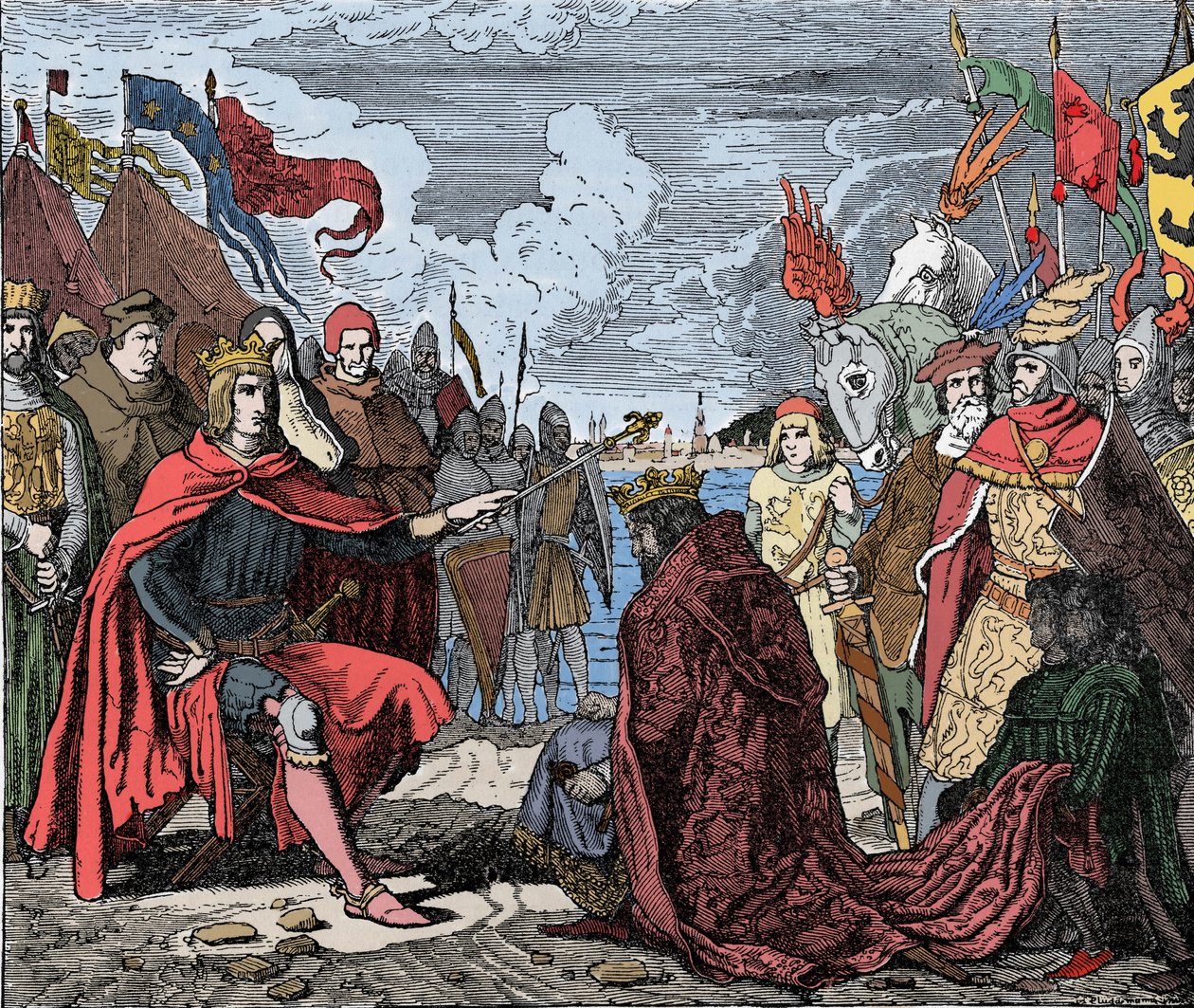 Ottokar II (1230-1278) hommage à Rodolphe I - Ottokar II (1233-1278) roi de Bohême, rend hommage à Rodolphe I du Saint Empire (ou Rodolphe IV de Habsbourg) (1218-1291), après la bataille de Marchfeld, en 1278 - Unknown artist