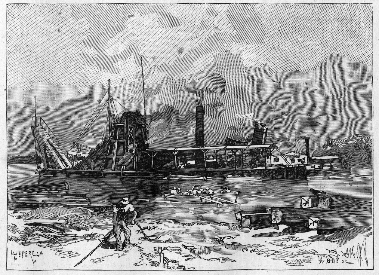 Travaux du canal de Panama. Principales machines : une drague et sa vanne. Gravure dans "Le Monde Illustré" - Unknown artist