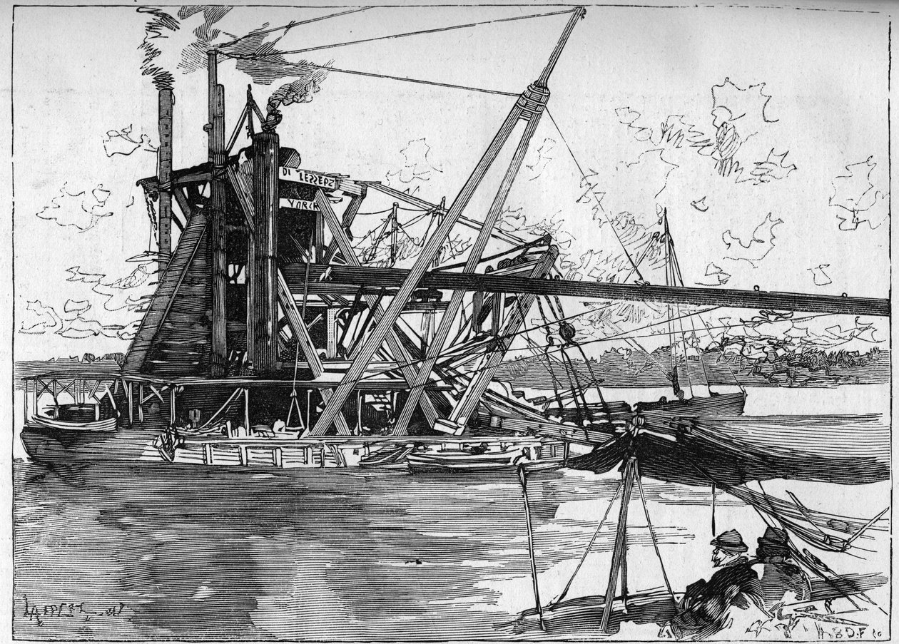 Travaux du canal de Panama. Principales machines : la grande drague américaine. Gravure dans "Le Monde Illustré" - Unknown artist