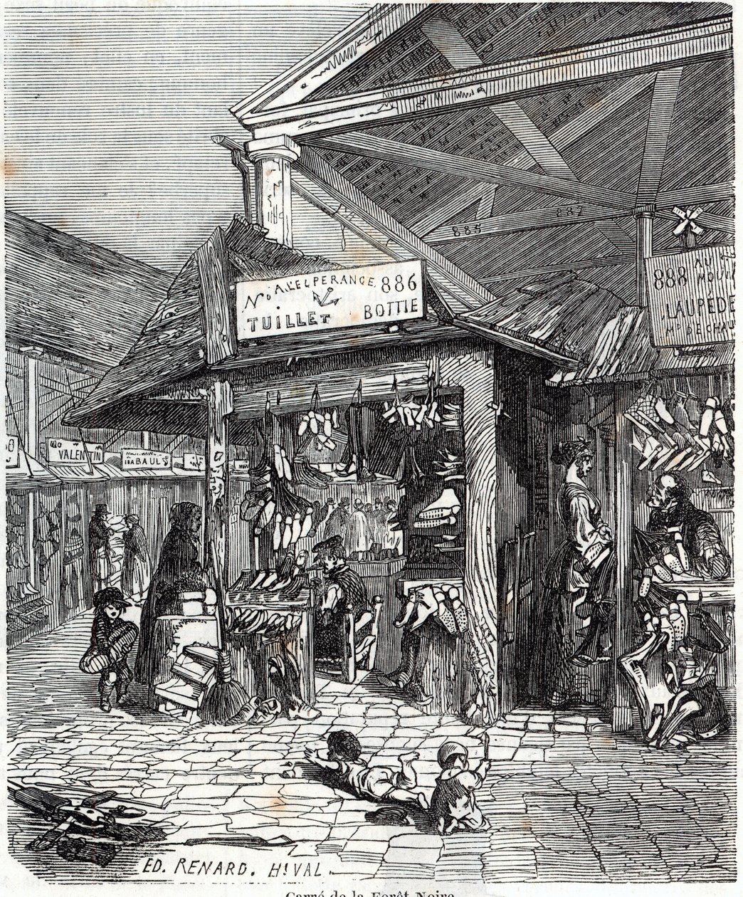 Paris 3ème arrondissement - Carré de la Forêt-Noire : vente de cuir et de chaussures au Carreau du Temple au 19ème siècle - Gravure dans « Tableau-de-Paris » par Edmond Texier - Unknown artist
