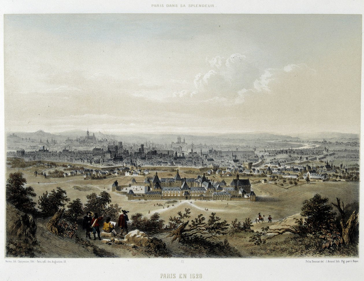 Paris en 1620, vue générale prise de la Butte Chaumont - lithographie - Unknown artist