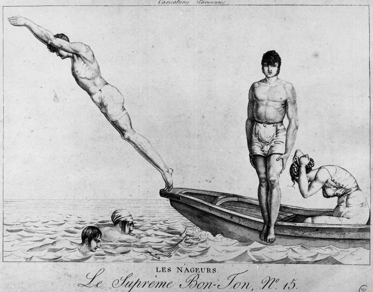 Caricature parisienne : nageurs, hommes plongeant d