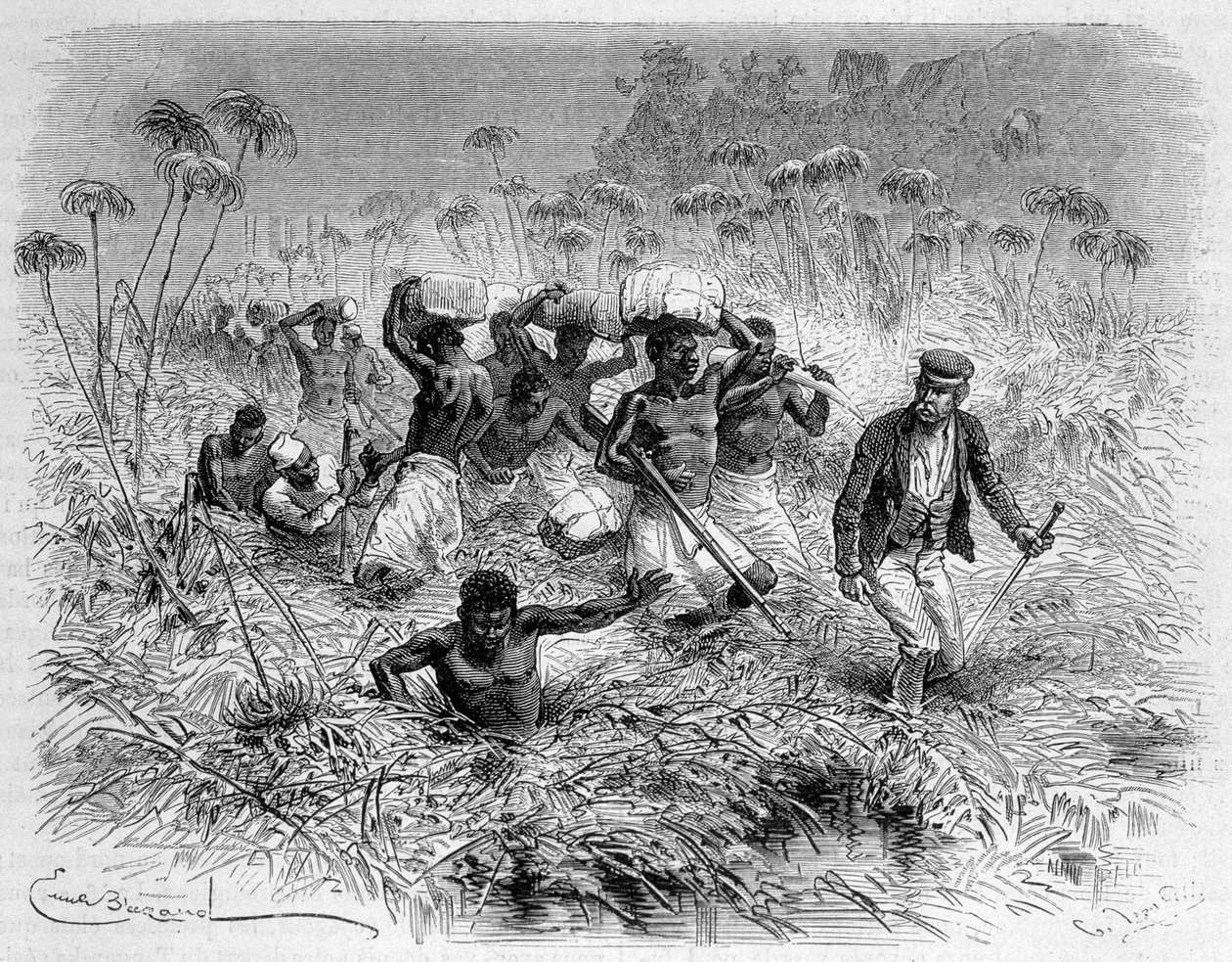 Passage de la Chisera par Livingstone et ses porteurs - "Le dernier voyage de Livingstone 1866-1873" dans "Le Tour du Monde", 2ème semestre 1875 - Unknown artist