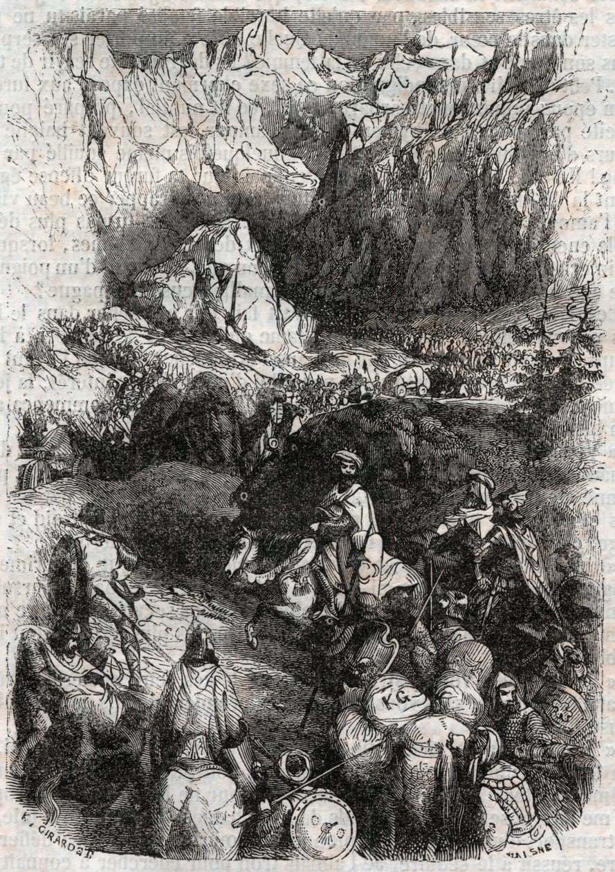 Passage des Pyrénées par les Maures - gravure de 1851 de "Roland furieux" (Orlando furioso) (16ème siècle) par Ludovico Ariosto, dit l