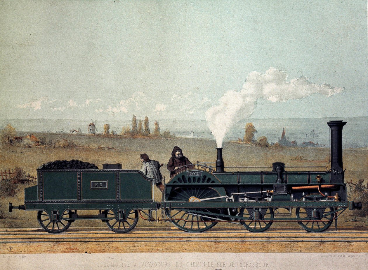 Locomotive de passagers et wagon de charbon du chemin de fer de Strasbourg (système Crampton) - Unknown artist