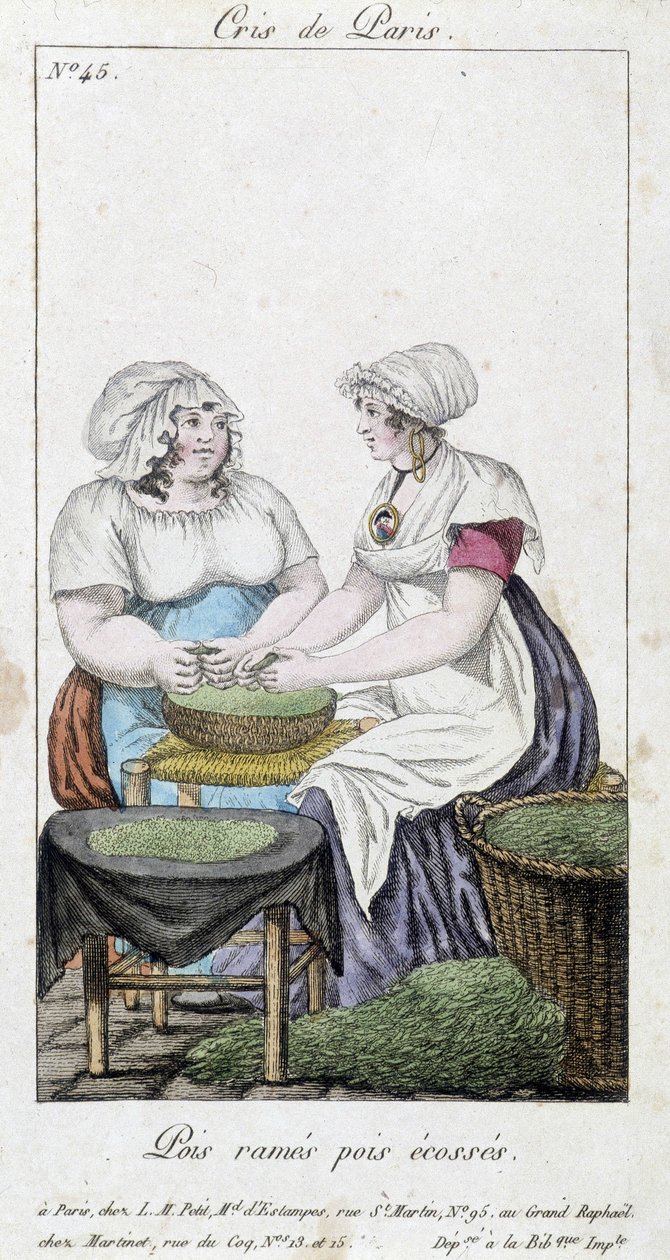 Marchandes de pois : deux femmes écosseuses de pois. « Pois rangés, pois écossais » - dans « Cris de Paris », début XIXe siècle - Unknown artist