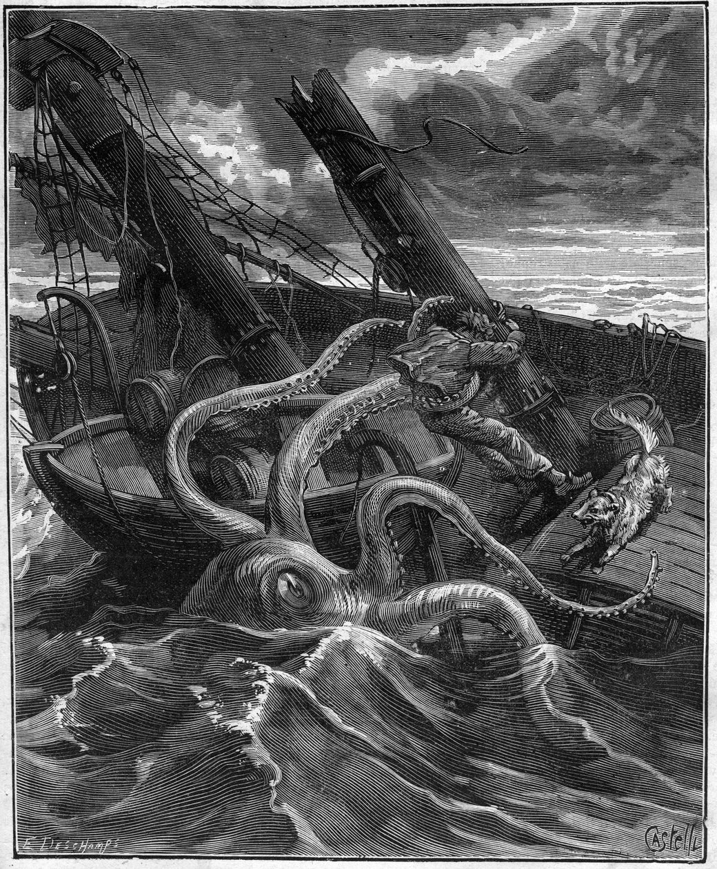 Aventures périlleuses de Narcisse Nicaise au Congo - par Armand Dubarry 1836-1910 - il avait devant lui un monstre marin formidable (poulpe géant) - gravure dans Journal des voyages de 1881 - Unknown artist