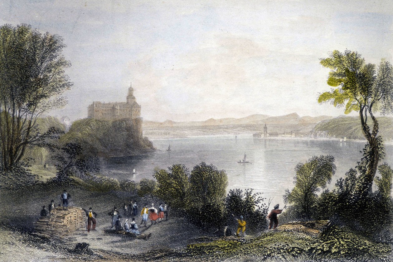 Château de Persenberg en Allemagne. Au premier plan, les travailleurs du bois au travail. Gravure du 19e siècle - Unknown artist