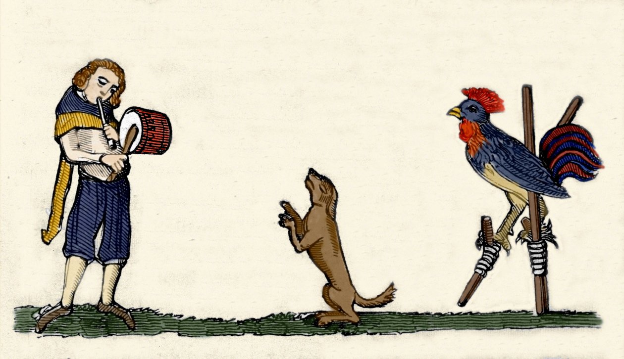 Animaux dressés : un chien et un coq dansent sur des échasses au rythme du tambour. Gravure d