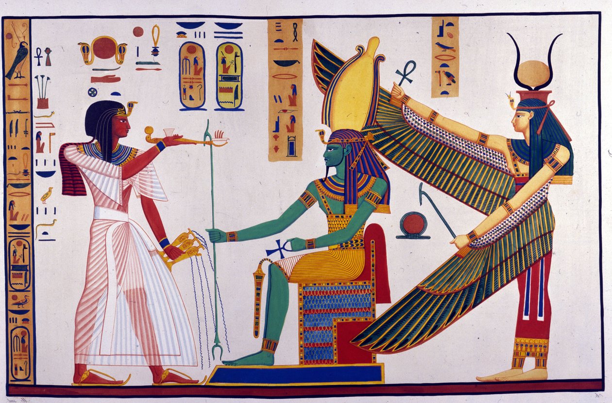 Le pharaon Ramsès IV fait des offrandes à Ptah-Sokari-Osiris. Derrière Osiris se trouve Isis. (Tombe de Bibah-el-Moluk) - dans « Monuments de l