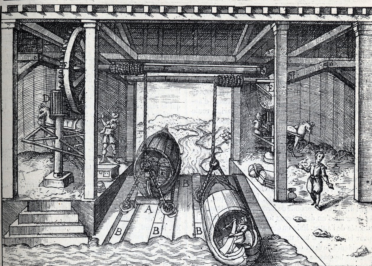 Plan incliné pour bateaux au XVIe siècle sur les lagunes de la Brenta (rivière) en Italie du Nord. Gravure dans « La Nature » - Unknown artist